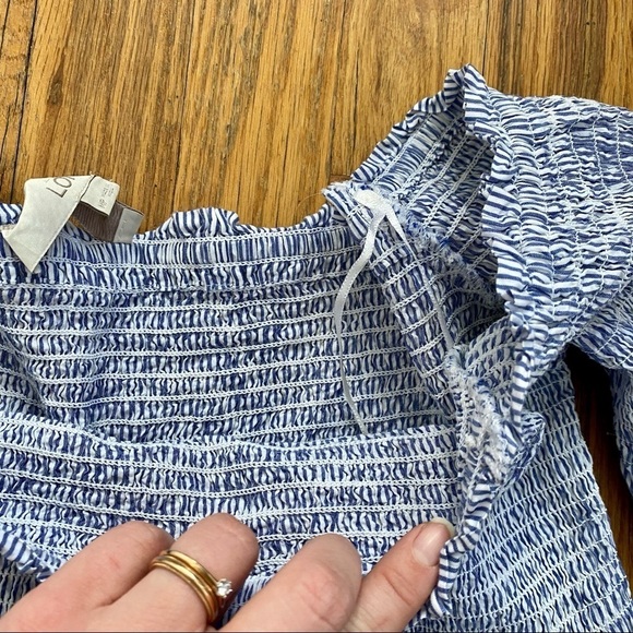 LOFT Blue & Pink Striped Off Shoulder Top Bell Sleeves - Picture 5 of 7